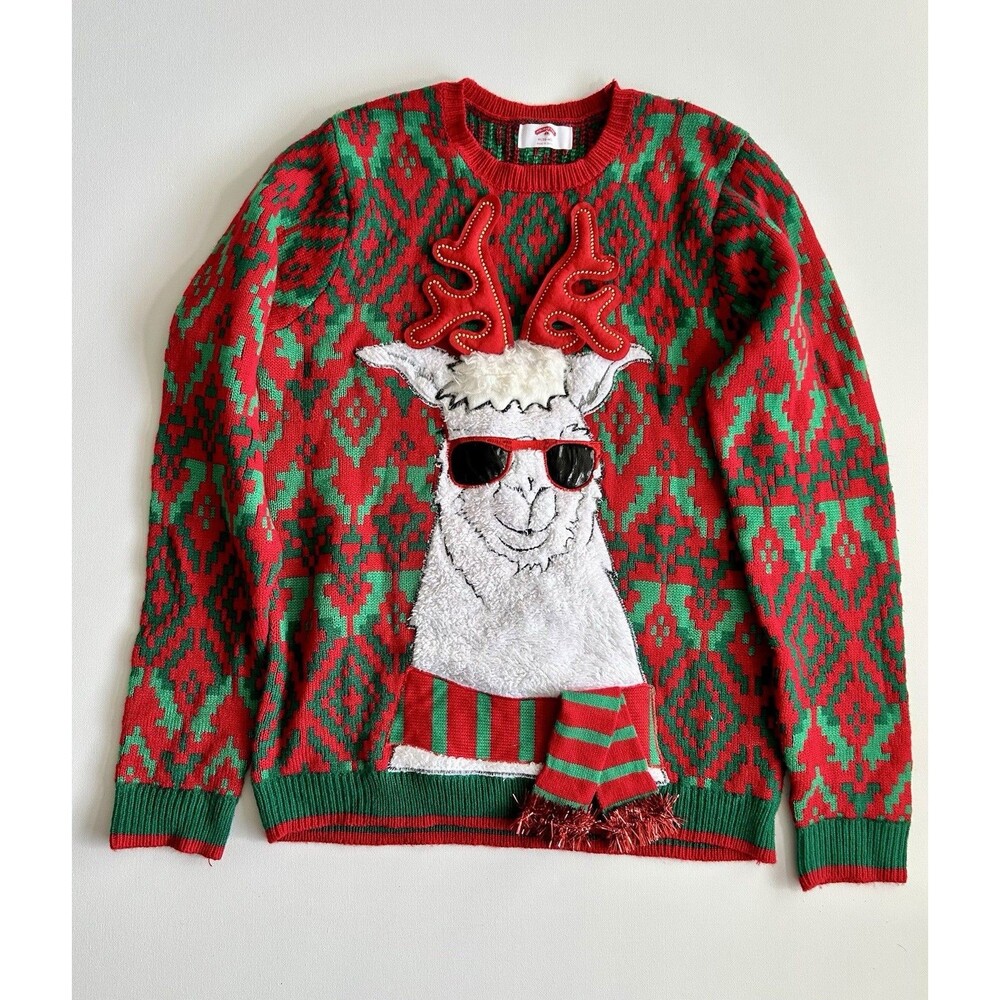 Soft Faux Fur Llama Sunglasses Ugly Christmas Sweater Holiday Red Green Unisex M - Picture 10 of 10